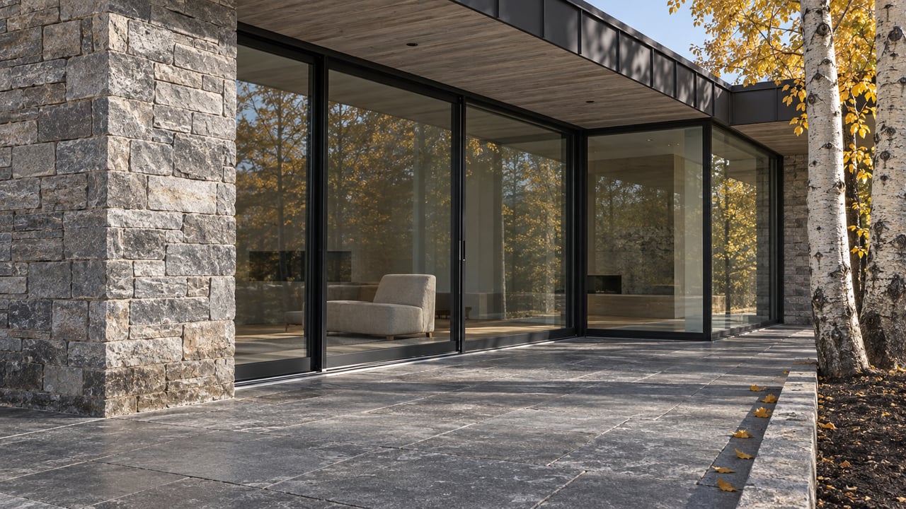Autumn light falls across a stone terrace beside a glazed luxury home, with golden aspen leaves along a raised planting curb.