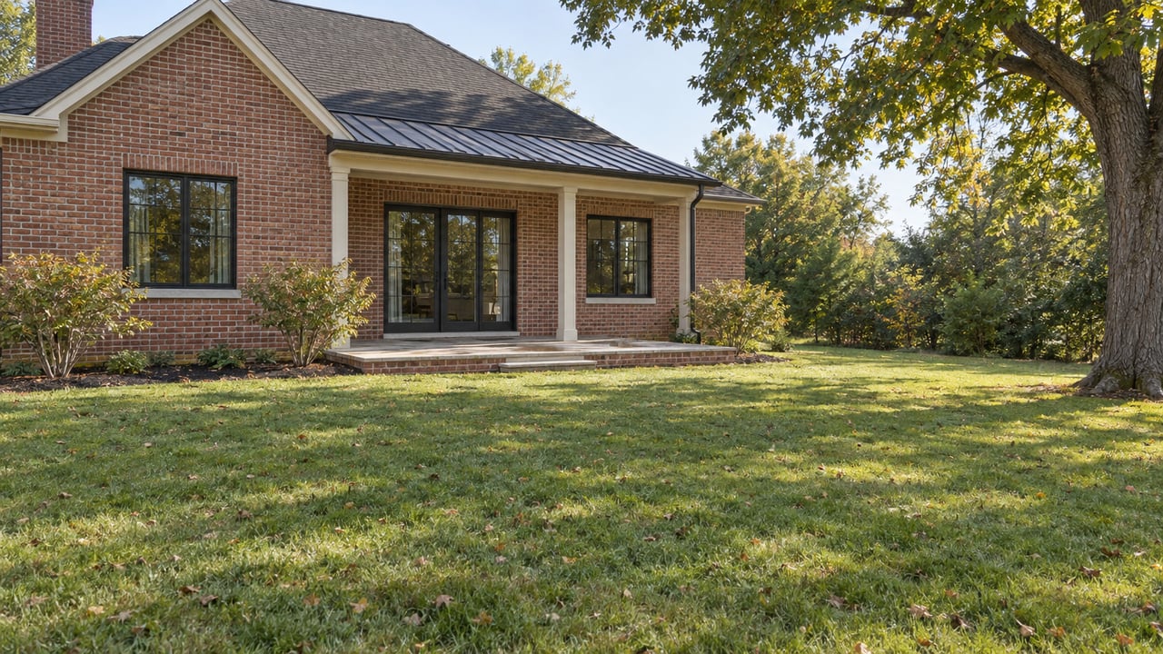 Brick house with a limestone terrace, broad lawn, and mature tree shading the garden.
