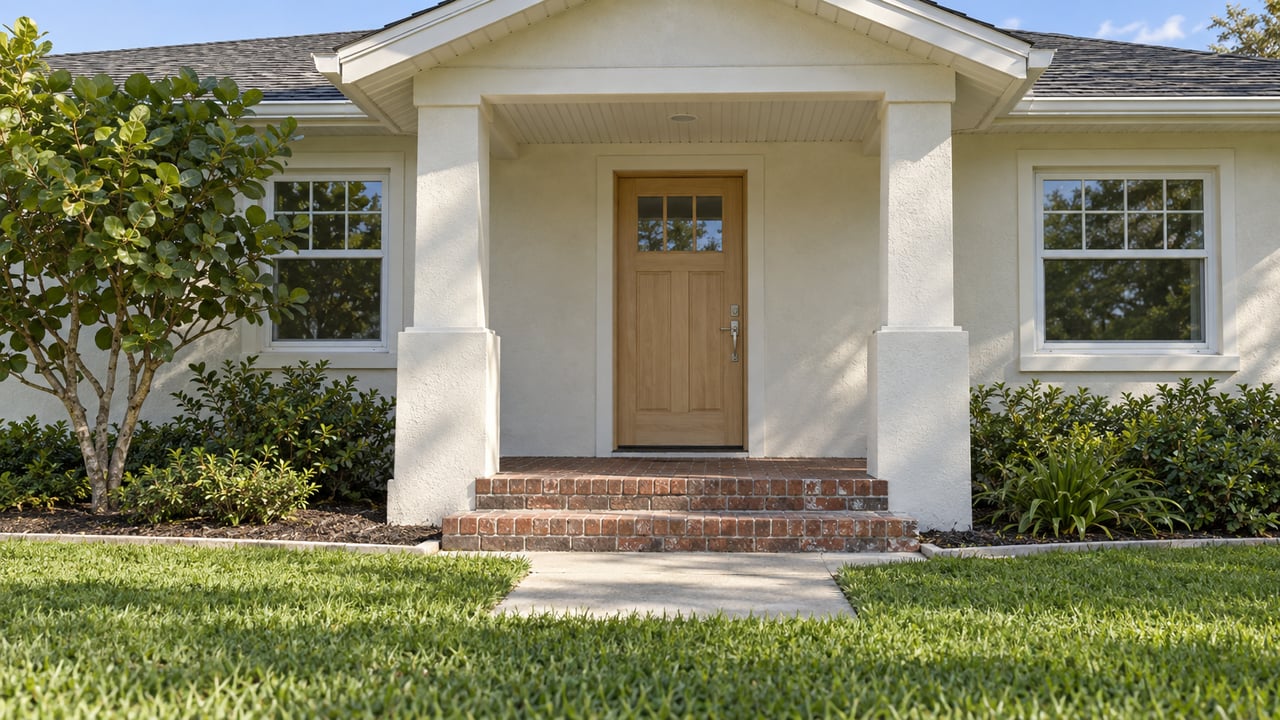 Home entrance with a covered porch, wooden door, brick steps, and landscaped front yard.