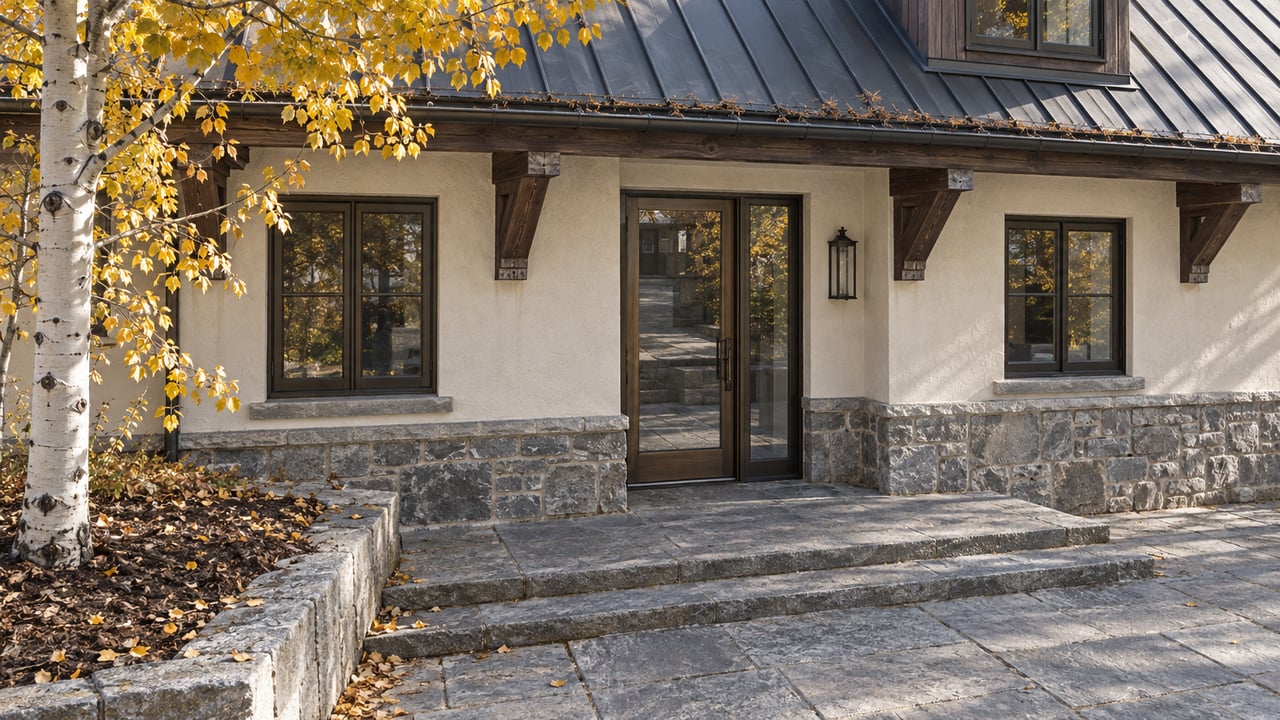Autumn light on a timber-and-plaster residential entrance, with gray stone steps and a golden aspen beside the paved court.