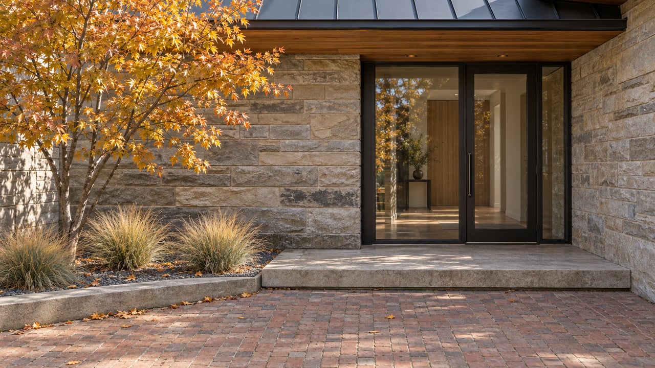 Contemporary stone-and-timber home entrance overlooking a weathered brick court with a copper-leaved maple.