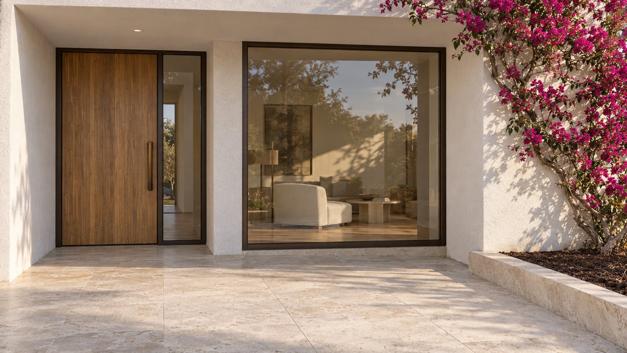 Sunlit white-stucco home entrance with a teak door, bronze-framed window, pale limestone terrace and magenta bougainvillea.