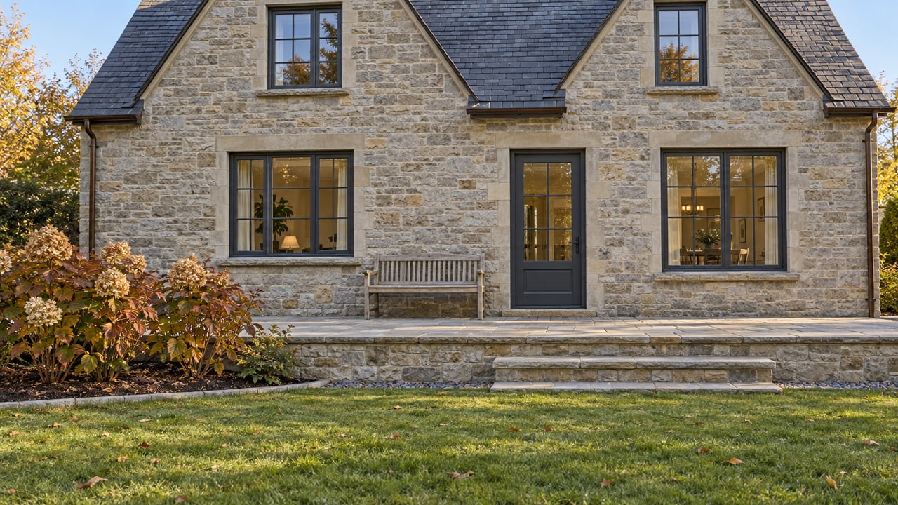 Stone home's rear entry with charcoal divided-light glazing, a raised sandstone terrace, teak bench and autumn oakleaf hydrangeas beyond a deep lawn.