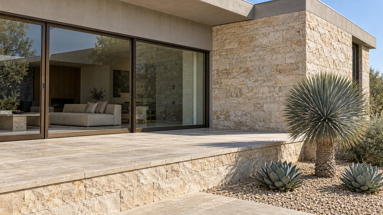 Contemporary desert home with bronze-framed glass, buff limestone walls and a raised stone terrace above a gravel planting pocket.