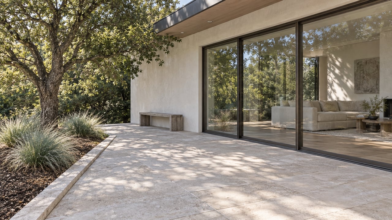 A limestone terrace beside a warm-white modern home with closed bronze-framed glass doors, a teak bench and an oak-shaded garden.