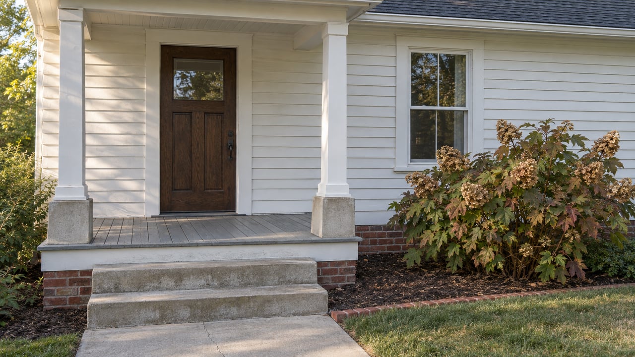 A white clapboard home's sheltered oak entry, red-brick foundation and worn concrete steps beside an oakleaf hydrangea.