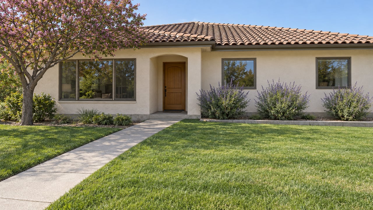 Single-story cream stucco home with brown clay roof tiles, an arched entry, deep front lawn and a redbud tree in morning light.