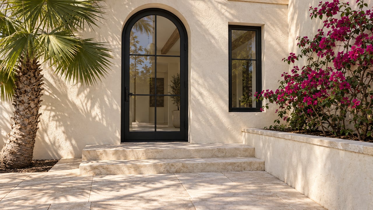 Warm stucco home with a black arched glass entry, pale limestone steps, a fan palm and magenta bougainvillea in morning sunlight.