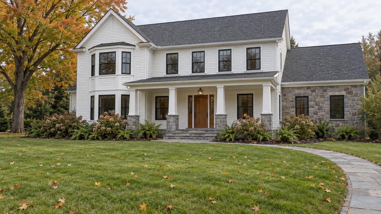 White clapboard and fieldstone home with a covered porch, deep lawn and an orange-green sugar maple under soft autumn daylight.