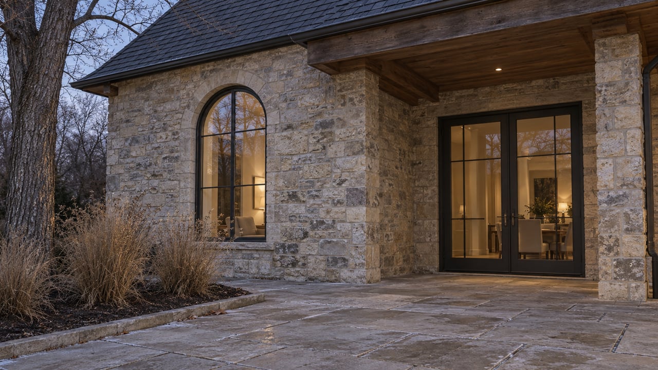 Stone-clad home with a sheltered limestone terrace, warm arched window and glazed doors at winter dusk.