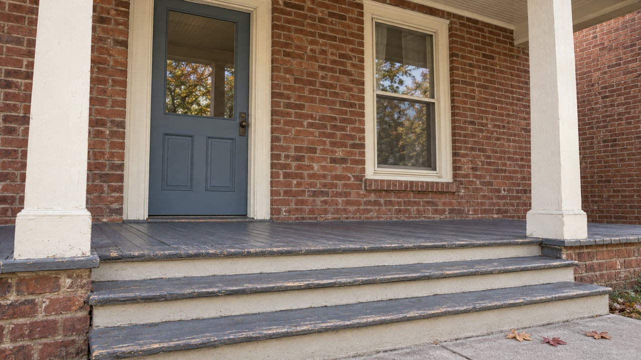 Weathered painted porch steps leading to a blue-gray door and tall window in a red-brick home.