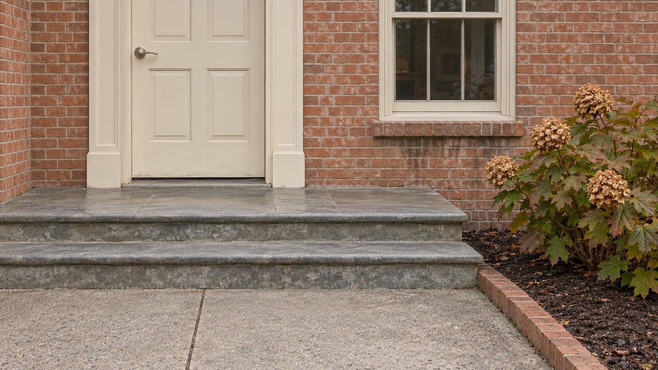 A cream paneled front door and closed window in a pale red brick home, above gray stone steps and a concrete walk beside an oakleaf hydrangea.