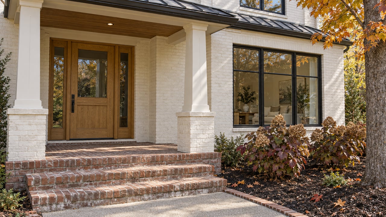 An ivory brick home with a sheltered oak front door, black-framed window, worn brick steps, and autumn maple leaves.
