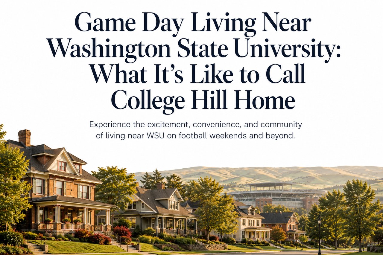 Editorial-style graphic featuring College Hill homes near Washington State University with a welcoming neighborhood atmosphere and subtle game-day inspiration.