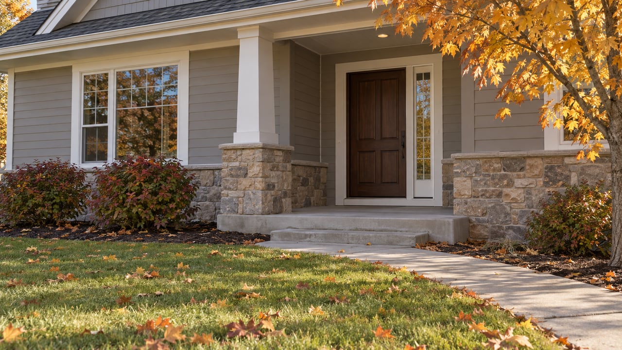 Autumn house entry with a walnut-brown door, stone porch base, curved concrete walk, and amber leaves on the lawn.