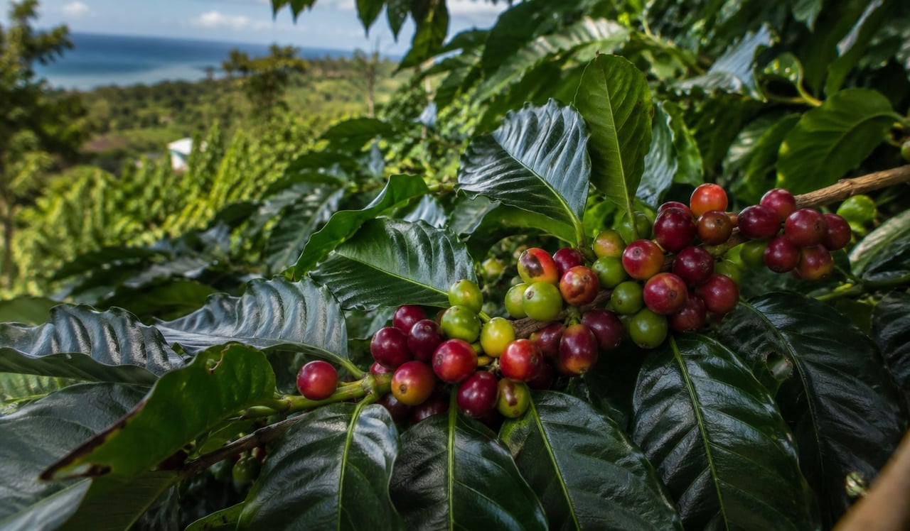 Coffee cherries in mixed stages of ripeness on leafy branches, with coffee plants in the background.