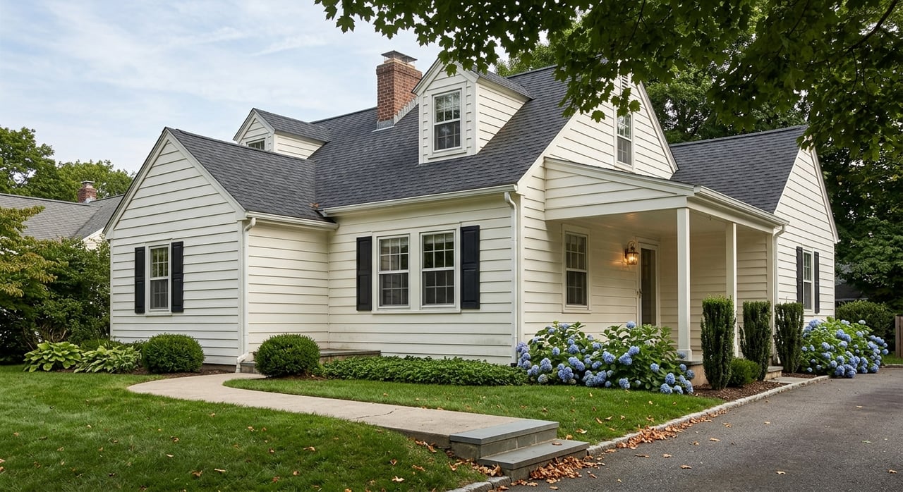 White Cape Cod house with shuttered windows, brick chimney, bluestone stoop, curved walk, and lawn beneath trees.
