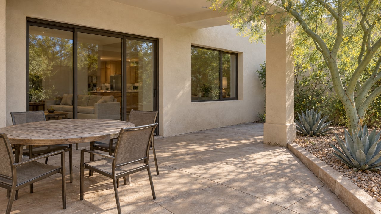 Covered stucco patio with bronze-framed glass doors, a wood dining table, and blue palo verde beside agaves in a gravel bed.
