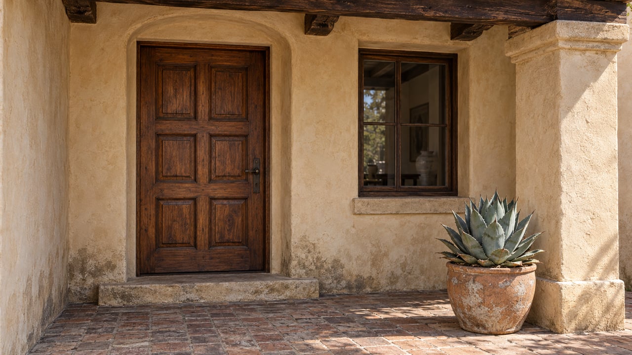 A carved wooden entry door beneath a timber portal, with warm stucco walls, brick paving and a potted blue-gray agave.