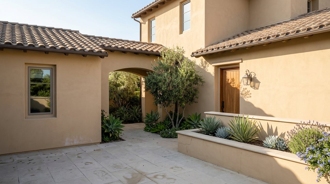 Stone-paved courtyard between stucco house and garage, with an arched breezeway framing an olive tree.