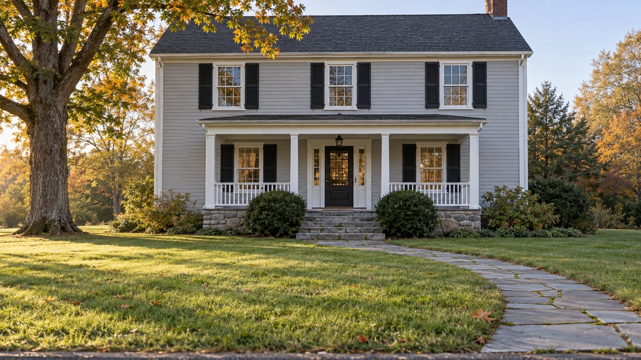 Gray clapboard house with a white-columned porch, granite foundation, and broad lawn beneath a mature oak.