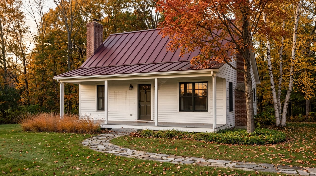 White clapboard cottage with a red metal roof and brick chimney, framed by orange-red and yellow autumn trees.