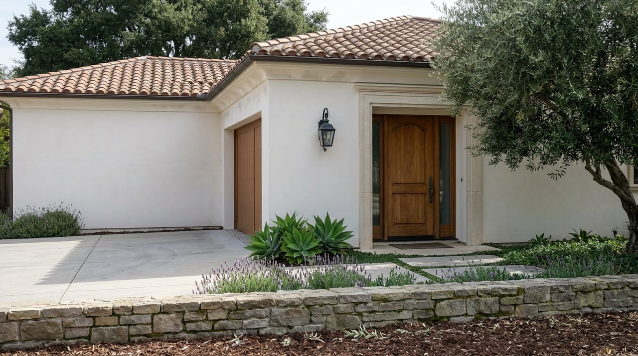 Spanish Revival home with arched wood entry, carved stone surround, olive tree, and garden wall.