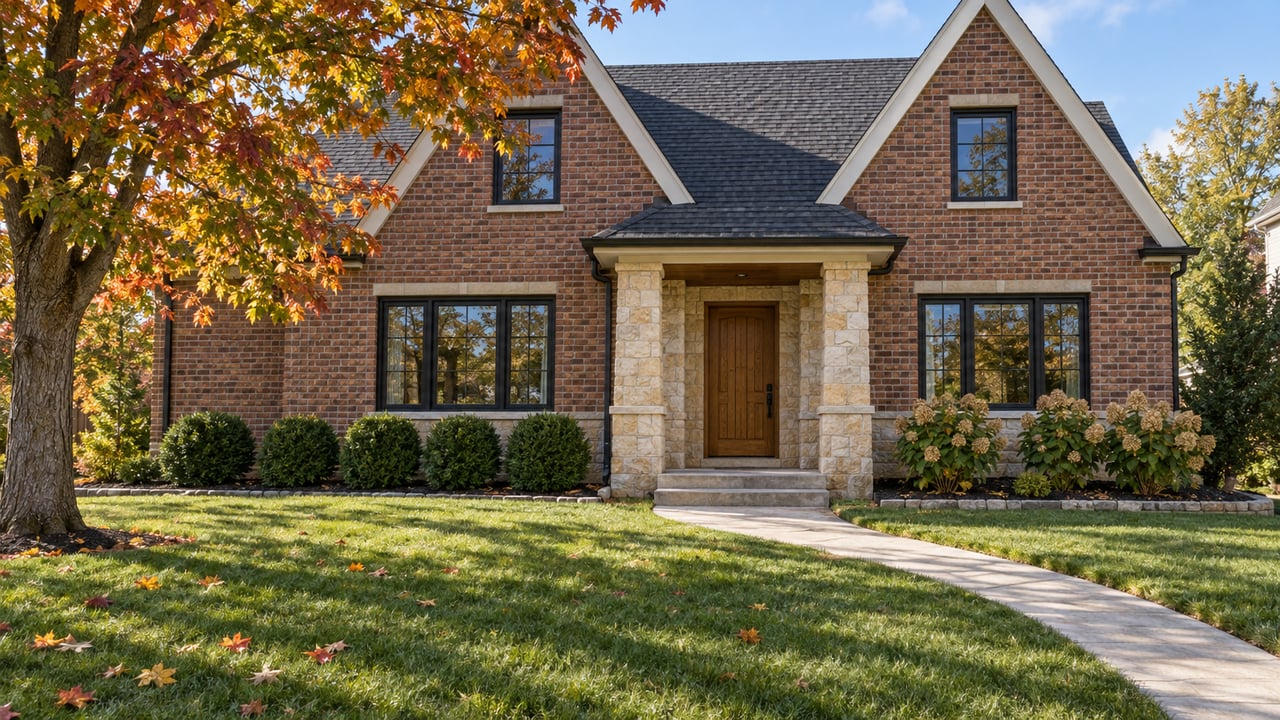 Gabled brick and limestone home beyond a deep lawn, with an amber sugar maple and a curved concrete front walk in morning light.