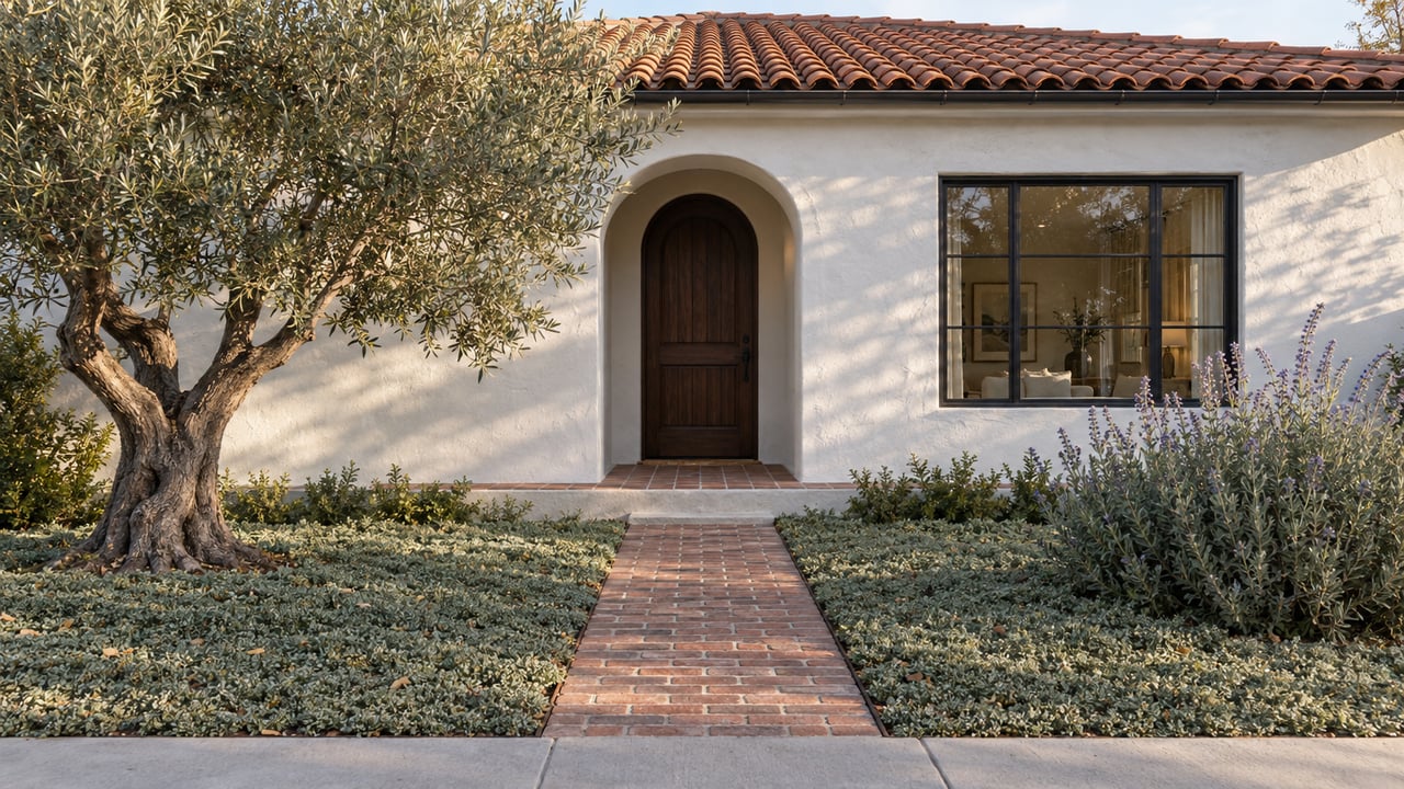 White stucco house with a red tile roof, arched oak door, brick path, and pruned olive tree.