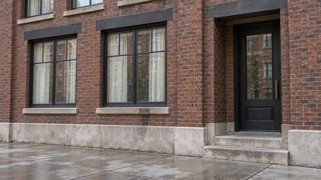 Rain-darkened brick residential facade with bronze-framed windows, a recessed glazed door and worn limestone entry steps beside a broad concrete sidewalk.