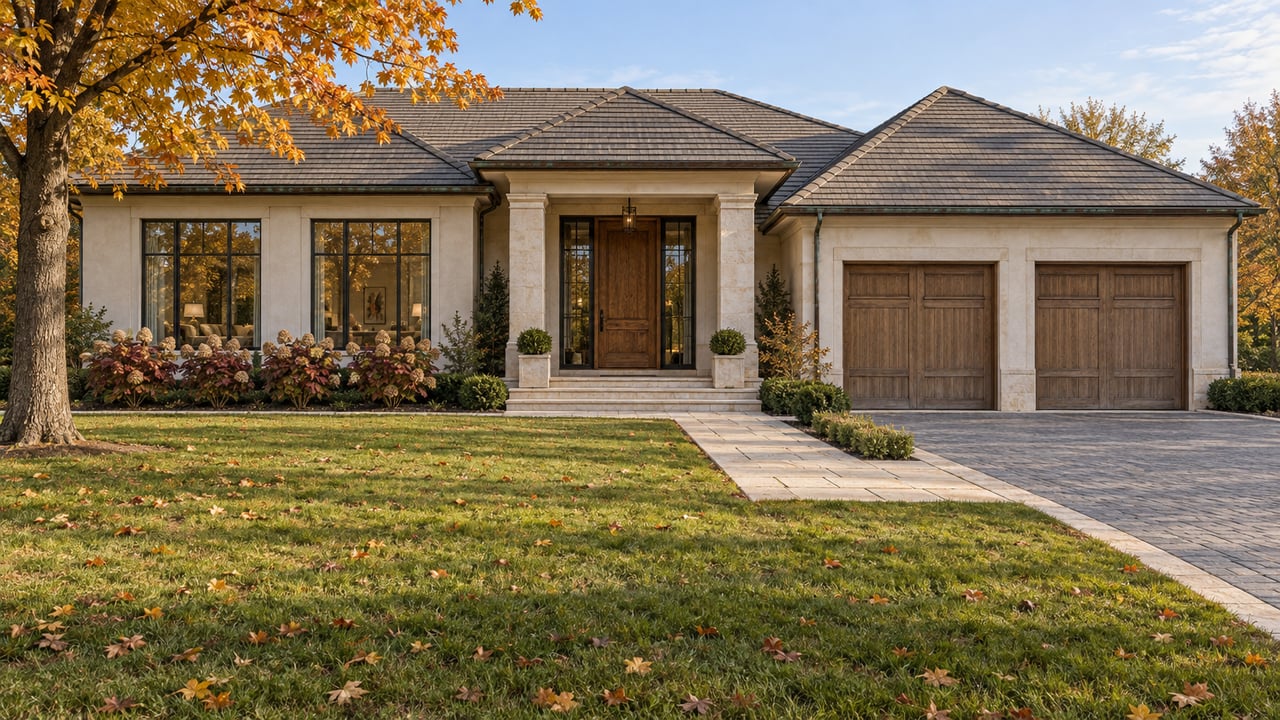 An ivory luxury house with taupe tiled roofs, oak garage doors and a long limestone approach across a broad autumn lawn.