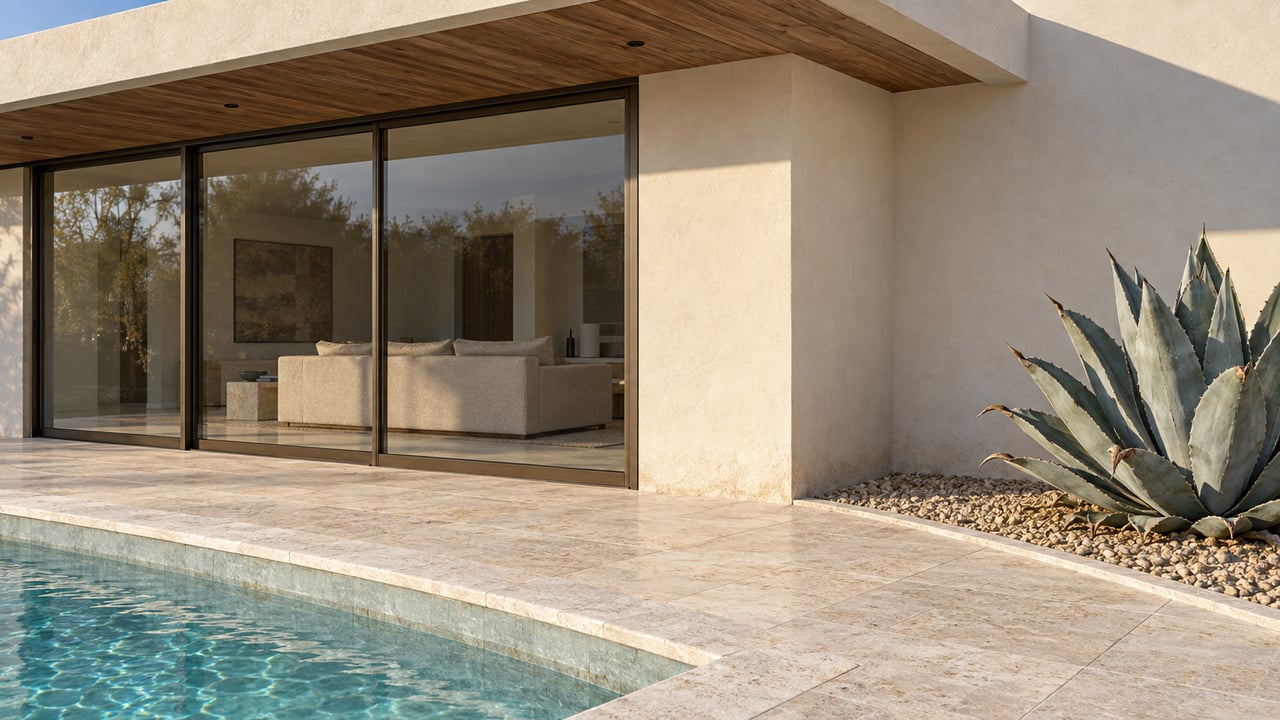 Close exterior view of an ivory plaster home with bronze-framed glass doors, cedar soffit, limestone pool terrace and a blue-gray agave.