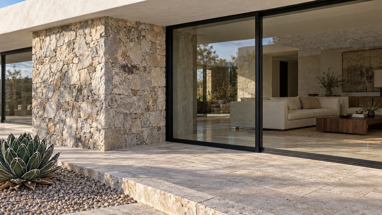 Gray-beige limestone pier beside black-framed living-room glazing, with pale stone terrace paving and a compact white-marked agave.