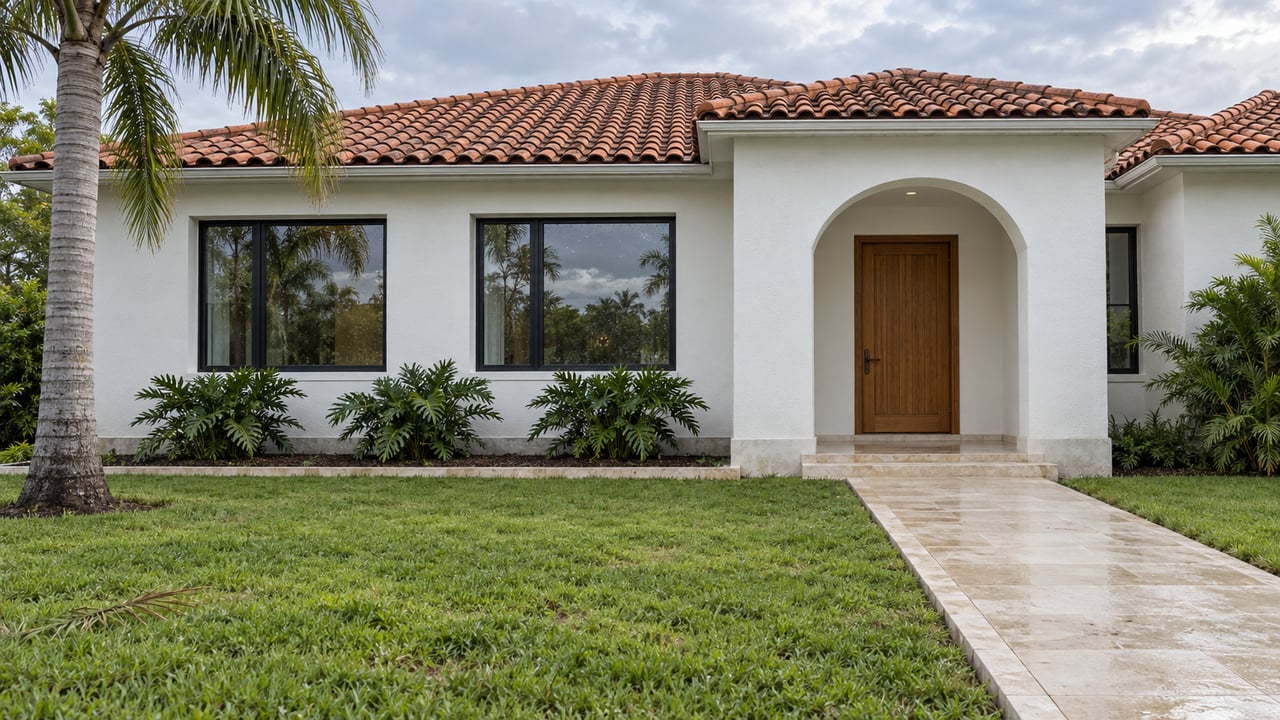 White stucco villa with a terracotta roof, recessed arched timber entry and damp limestone approach across a broad lawn.