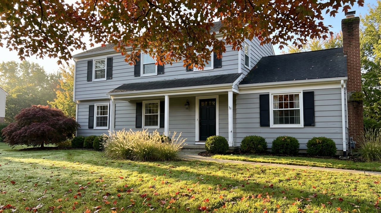 Gray colonial home with a black front door, red-orange maple canopy, and fallen leaves across the lawn.