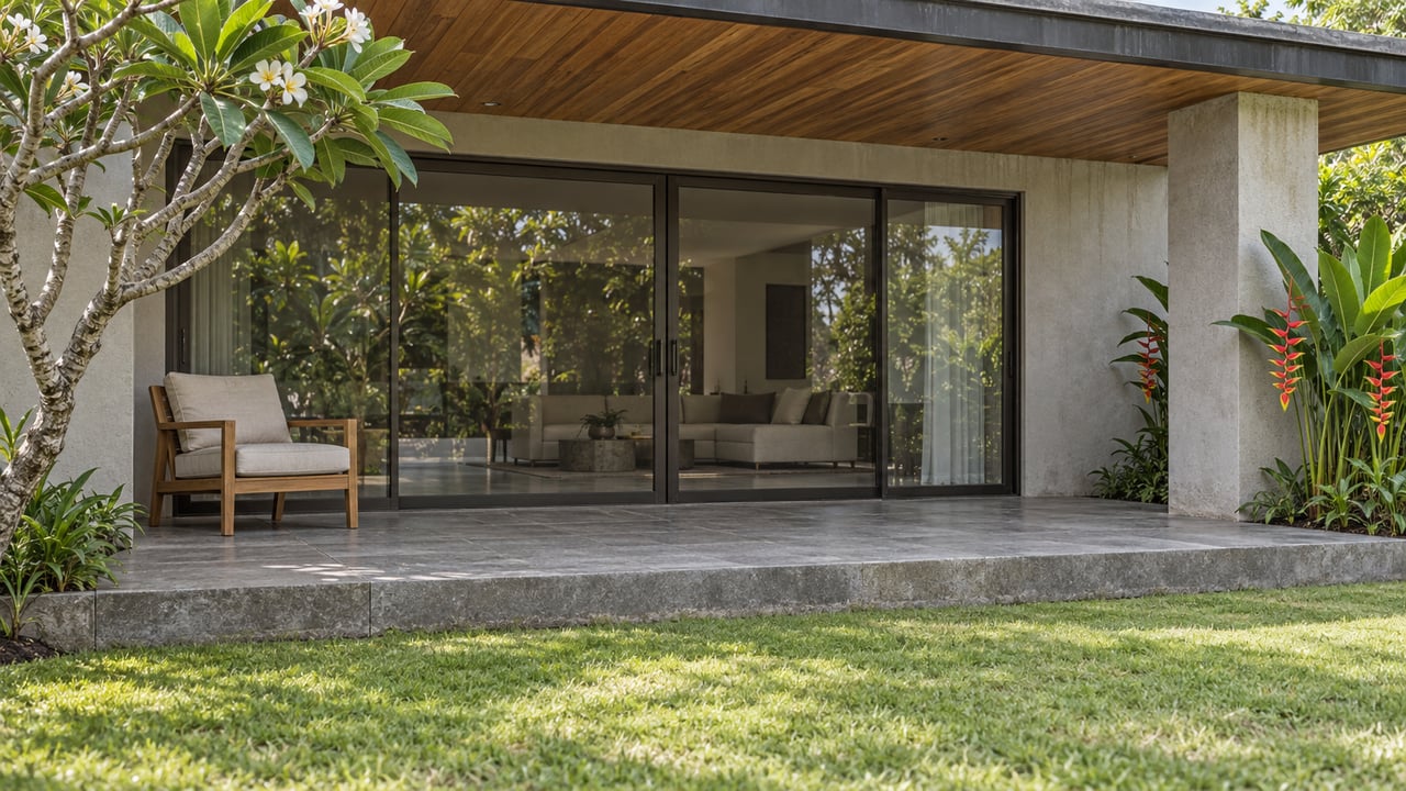 Timber-lined covered terrace with sliding glass doors, a teak chair and a planted garden beyond a low stone step.