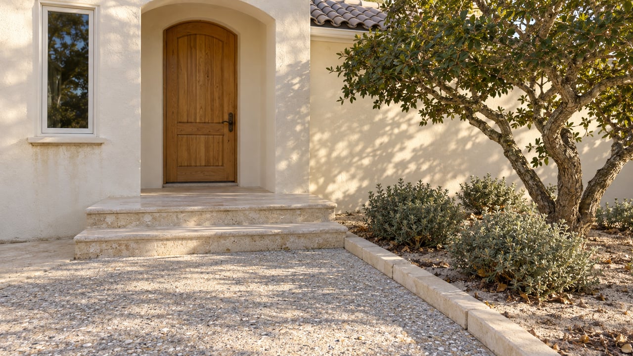 Cream stucco home entry with a timber door, pale limestone steps, shell-aggregate path and sculptural sand live oak.