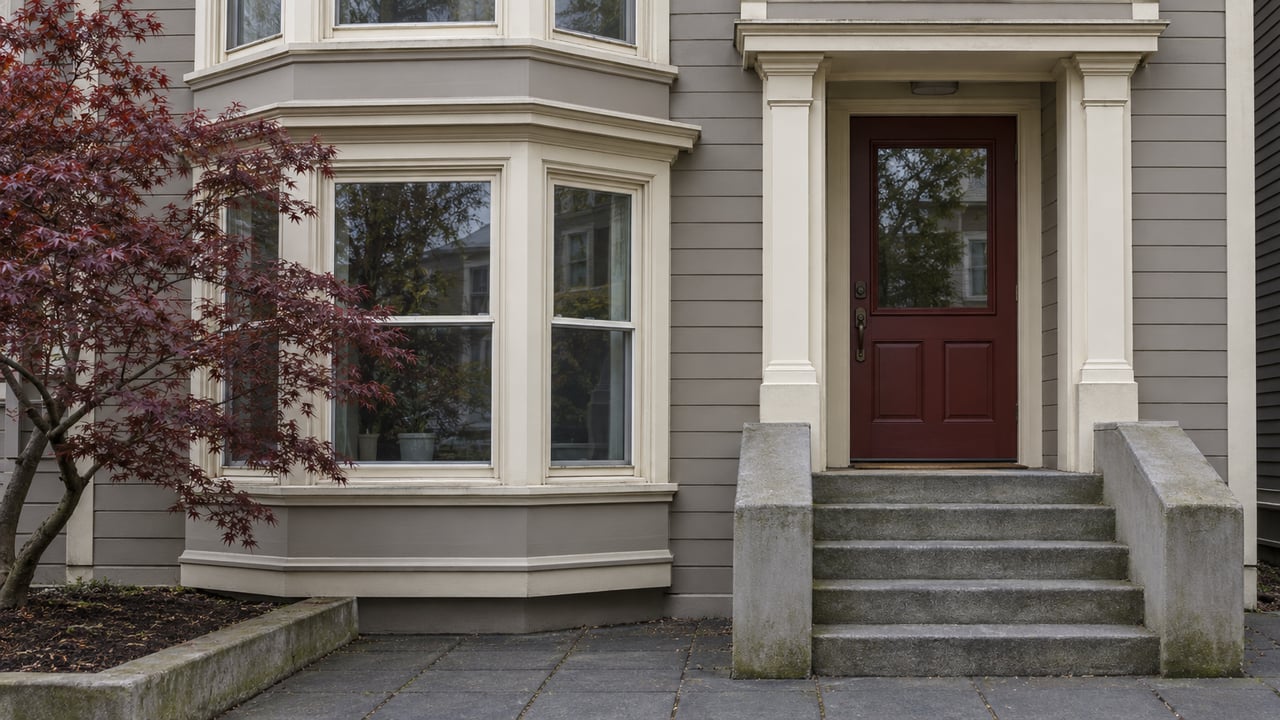 Wood-sided residence with cream-trimmed bay windows, an oxblood entry door, worn concrete steps and a burgundy Japanese maple.