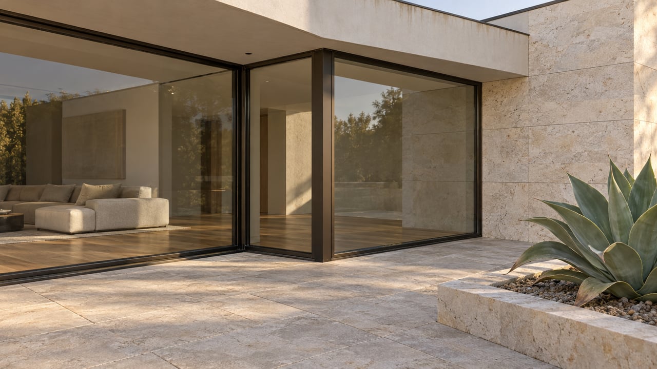 Sunlit limestone terrace beside a contemporary home's dark-framed glazed corner, with one sculptural agave in a raised stone bed.