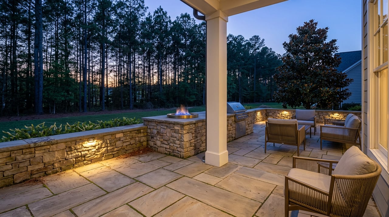 Stone outdoor kitchen and flagstone patio lit by recessed brass lights beside a blue-flame firepit.