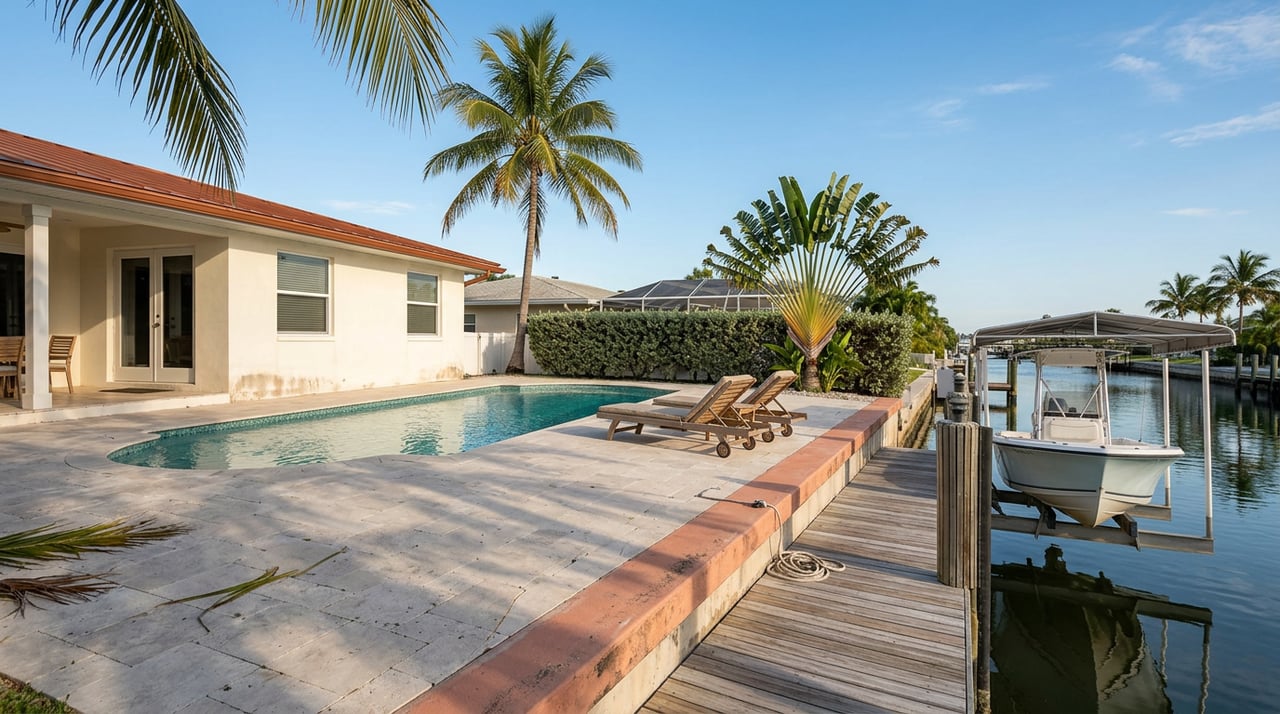 Waterfront home with turquoise pool, teak dock, and boat lift beside a narrow canal.