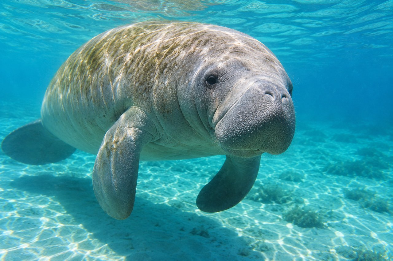 Manatee swimming toward the camera in clear turquoise water above a sunlit sandy bottom.
