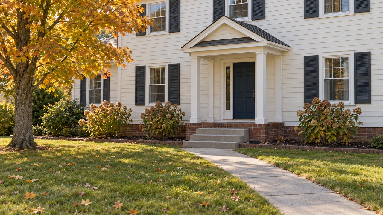 White clapboard house with black shutters, covered entry, and an autumn tree.