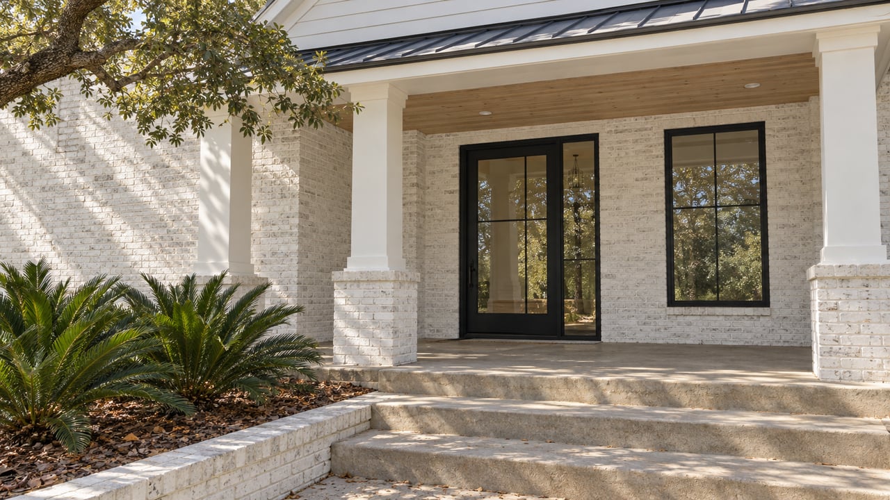 White brick home entry with black-framed glass door, covered porch, broad concrete steps, and coontie planting beneath a live-oak branch.