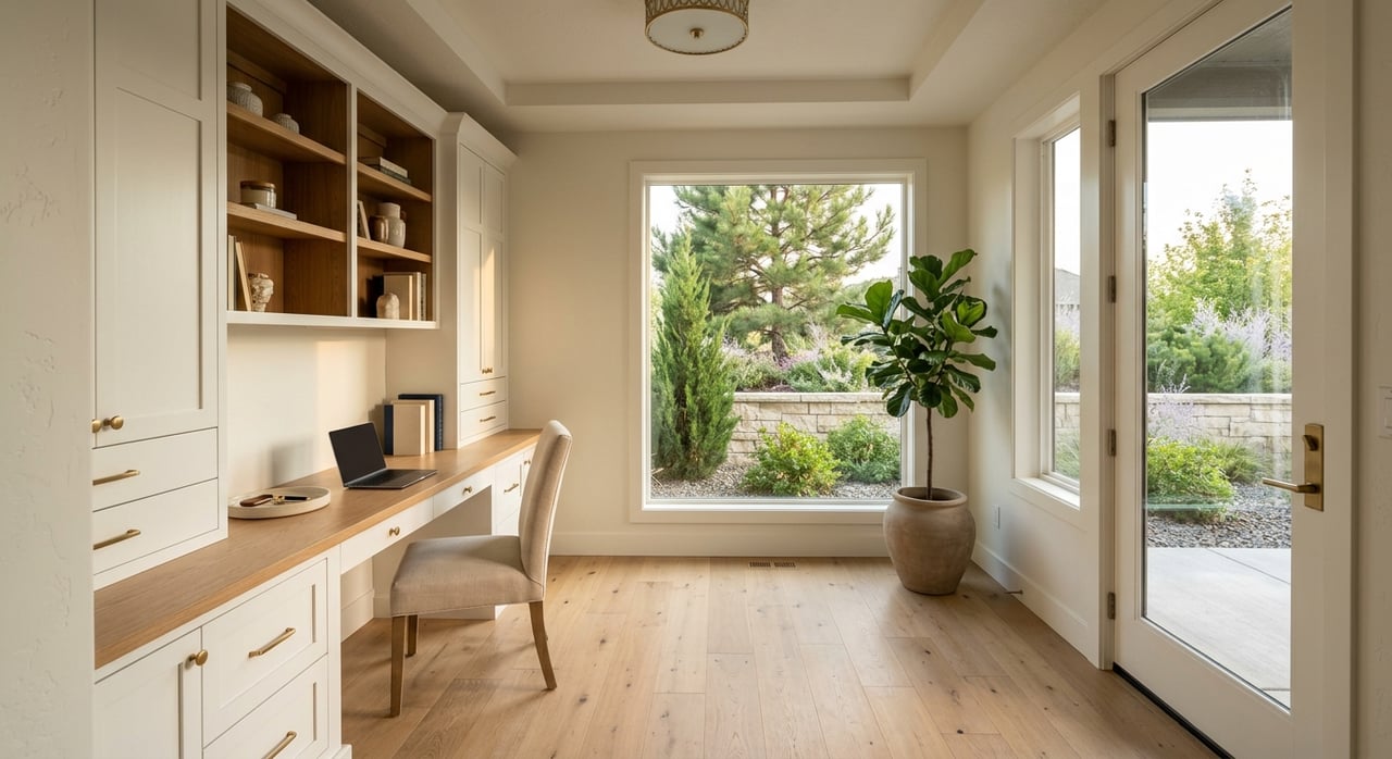 Warm-white built-in desk with oak shelves and a chair beside a glass patio door.