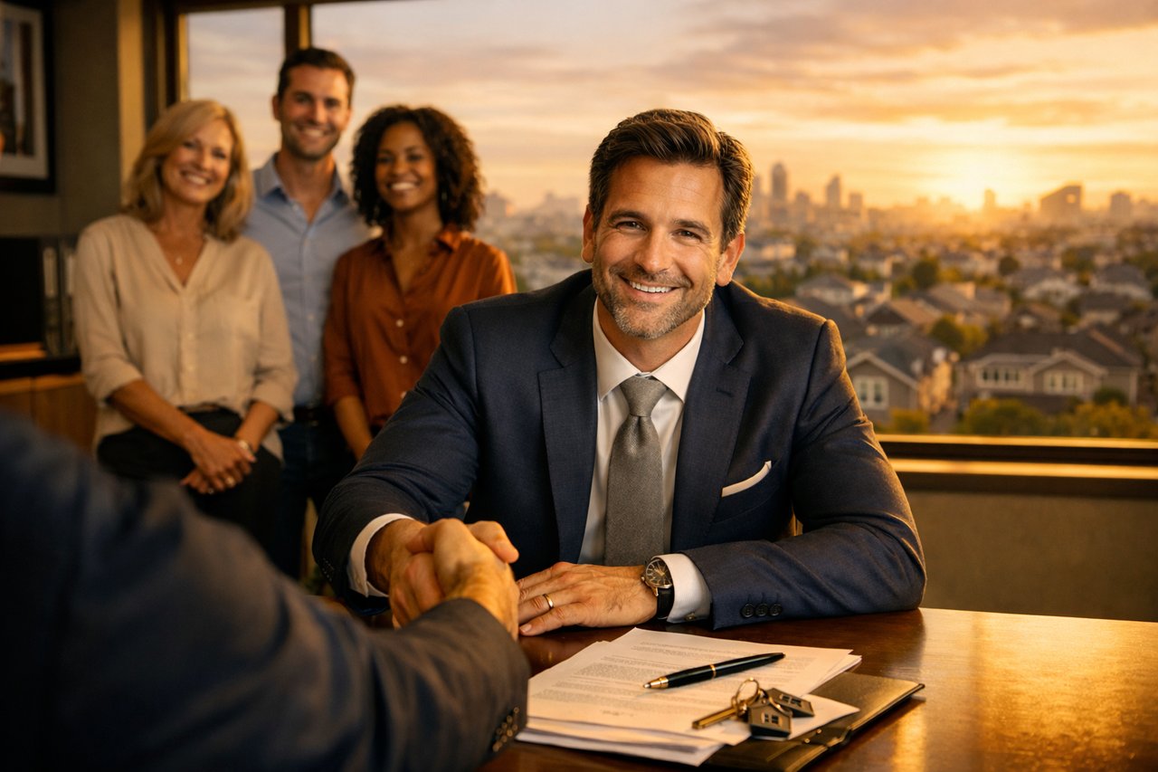 Illinois title insurance professional shaking hands at a closing table, with a team and city skyline representing boutique leadership with national reach.