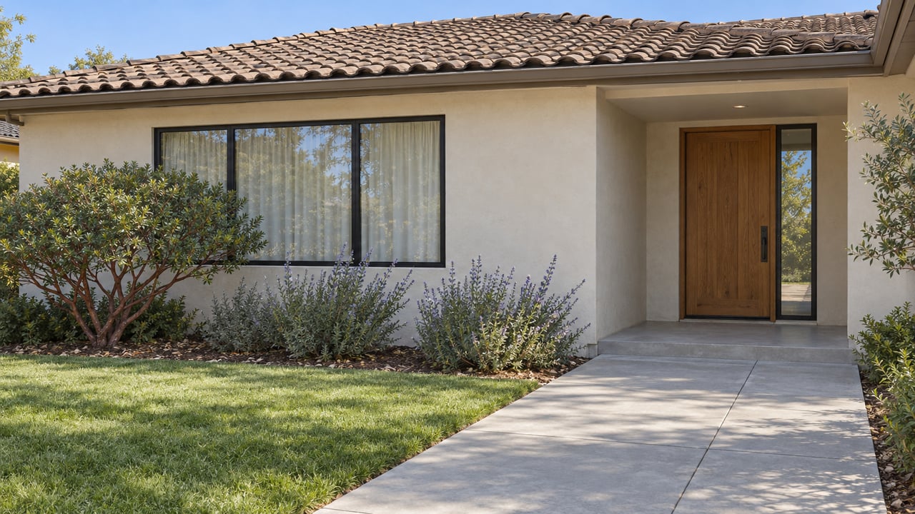 Cream stucco home with a clay tile roof, black-framed window and recessed oak entry beyond a lawn and concrete approach.