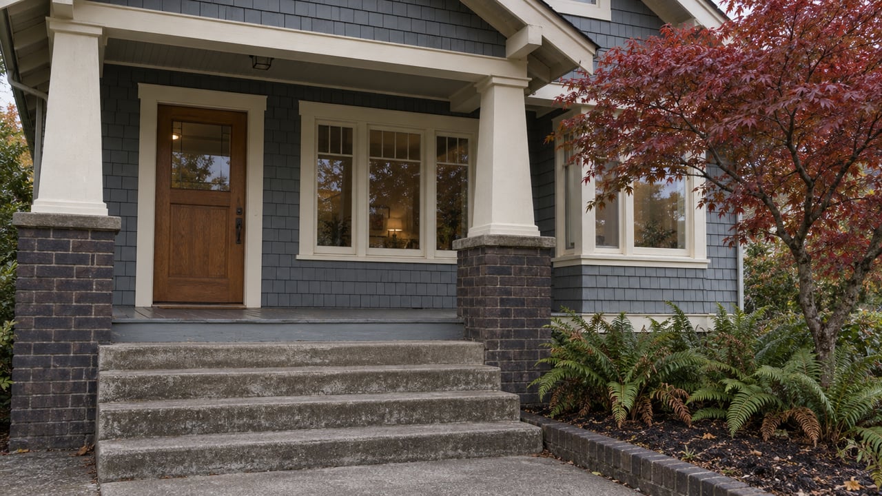 Blue-gray shingled home with a sheltered oak entry, brick-based porch columns, concrete steps and autumn maple foliage.