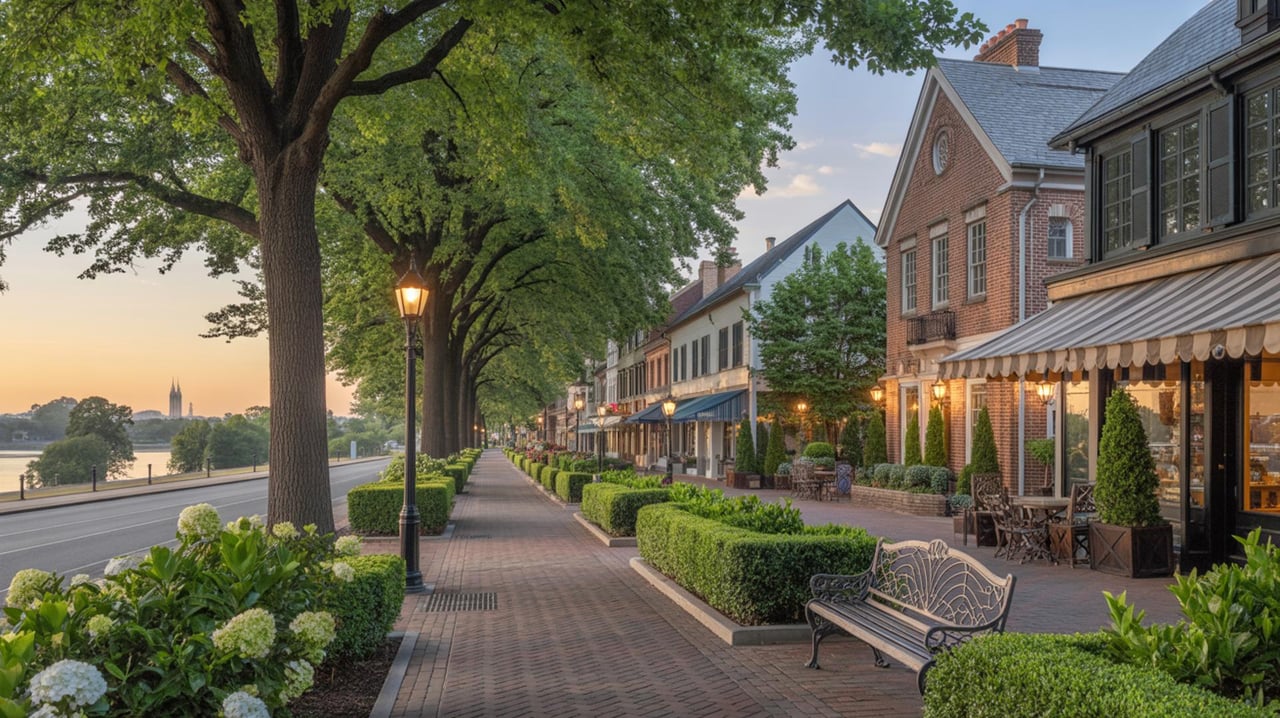 Brick sidewalk lined with trees and benches beside shops, cafés, and a riverside road at dusk.