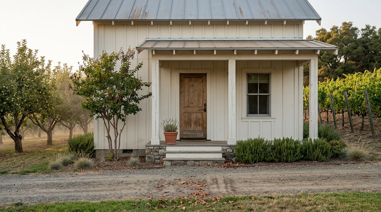 Rural farmhouse with a covered porch, apple orchard, and grapevines climbing the sunlit slope.